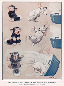 <b class=qtipBold><figcaption>The Water-wave! by G. E. Studdy</figcaption></b><br>Illustration by G. E. Studdy showing a small dog being forced to have a bath, watched smugly by Ooloo the cat. Ooloo later gets a shock when the bath water spills all over him. George Ernest Studdy (1878-1948), was the creator of 'Bonzo', a small dog with saucer-like eyes and indiscriminate breeding who first appeared in the Sketch in 1922. The 'Bonzo' craze swept the world resulting in postcards, annuals, toys and other merchandise. Studdy also produced a large body of work for the Sketch before and after Bonzo including his later creation, Ooloo the cat. His early cartoon dogs were simply known as the 'Studdy Dog' until readers demanded a name and Bruce Ingram, the ILN editor, suggested his immortal moniker. Credit should read: Estate of George Studdy/Gresham Marketing Ltd./ILN/Mary Evan"<br><em>© Estate of George Studdy/Gresham Marketing Ltd./ILN/Mary Evans</em> The Water-wave! by G. E. Studdy