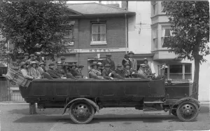Prints of Vintage Britannia Charabanc outside the Victoria Temperance Hotel, New Canal, Salisbury, Wiltshire, England. Date: 1910s Salisbury Prints: Vintage Britannia Charabanc Print, Salisbury, England 1910s