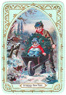 Wheelbarrow ride through the snow on a New Year card Wheelbarrow ride through the snow on a New Year card