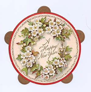 White flowers on a tambourine-shaped New Year card White flowers on a tambourine-shaped New Year card