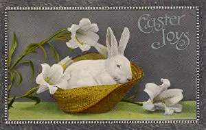 <b class=qtipBold><figcaption>White Rabbit Easter 1912</figcaption></b><br>A white rabbit sits in a straw hat, surrounded by white lilies, on this Easter greetings card.<br><em>© Mary Evans Picture Library</em> White Rabbit Easter 1912