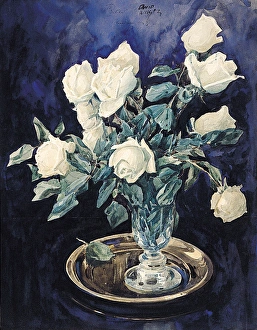 <b class=qtipBold><figcaption>White roses in a glass</figcaption></b><br>White roses in a glass (1927). Wilson, David 1873 - 1934. Date: 1927<br><em>© National Museums NI / MARY EVANS</em> White roses in a glass