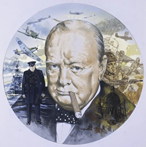 <b class=qtipBold><figcaption>Winston Churchill</figcaption></b><br>Circular portrait of British Prime Minister Winston Churchill (1874 - 1965) surrounded by scenes from his life including the Battle of Britain, the Blitz and fighting during World War Two. Painting by Malcolm Greensmith<br><em>© Mary Evans/Malcolm Greensmith Collection</em> Winston Churchill