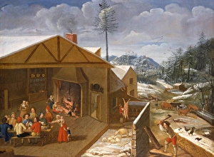 <b class=qtipBold><figcaption>Winter, 18th century French School</figcaption></b><br>Winter, 18th century French School (possibly by Francois Octavien, 1695-1736). Showing people keeping warm inside with a blazing fire (left), a pig's carcase being cut up outside, wood being chopped, and snow on the ground.<br><em>© Mary Evans Picture Library</em> Winter, 18th century French School