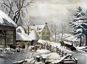 <b class=qtipBold><figcaption>Winter Morning</figcaption></b><br>Winter Morning scene of a snowy farmyard and a man driving past in a horse drawn sleigh Date: 1861<br><em>© Mary Evans / Museum of the City of New York</em> Winter Morning