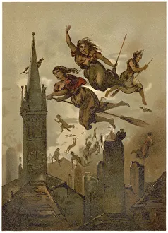 <b class=qtipBold><figcaption>Witches over Town</figcaption></b><br>Witches on their broomsticks fly over the roofs of their town<br><em>© Mary Evans Picture Library 2015 - https://copyrighthub.org/s0/hub1/creation/maryevans/MaryEvansPictureID/10047896</em> Witches over Town
