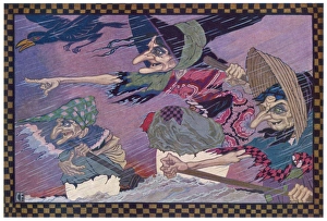 <b class=qtipBold><figcaption>Witches Wrecking Ship</figcaption></b><br>Three witches, with their familiar, call up a storm to wreck a ship Date: 1931<br><em>© Mary Evans Picture Library/CHARLES FOLKARD</em> Witches Wrecking Ship