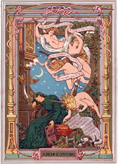 Woman asleep and dreaming on a Christmas card Woman asleep and dreaming on a Christmas card