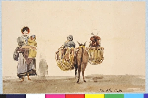 Woman with Baby, and Donkey with Panniers Carrying two Child Woman with Baby, and Donkey with Panniers Carrying two Child