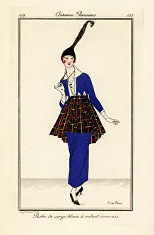 Woman in blue dress with modernist pattern skirt and hat Woman in blue dress with modernist pattern skirt and hat
