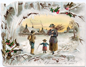 Woman and children with firewood on a Christmas card Woman and children with firewood on a Christmas card