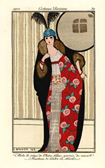 Woman in crepe de chine dress, cape of otter and skunk fur Woman in crepe de chine dress, cape of otter and skunk fur
