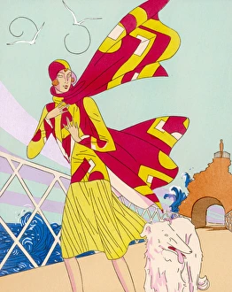 <b class=qtipBold><figcaption>Woman and Dog in Wind</figcaption></b><br>A borzoi dog and its owner brave the bracing breezes of Biarritz, France Scarf blowing in the wind Pet animal<br><em>© Mary Evans Picture Library</em> Woman and Dog in Wind