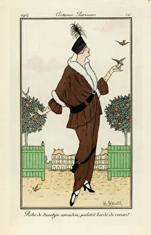 Woman in dress of duvetyn and jacket bordered in fox fur Woman in dress of duvetyn and jacket bordered in fox fur