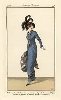 Broders Gallery: Woman in dress and long jacket of blue wool velvet