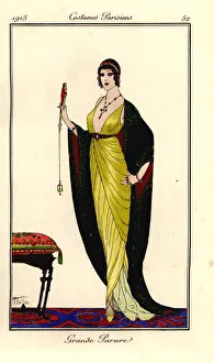 Woman in elegant finery of low-cut, gold sheath Woman in elegant finery of low-cut, gold sheath