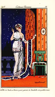 Woman in evening gown of polka-dot linen Woman in evening gown of polka-dot linen