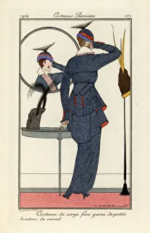Woman in fine serge suit with coral buttons looking Woman in fine serge suit with coral buttons looking