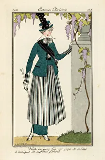 Woman in fine wool suit with striped pekin-silk Woman in fine wool suit with striped pekin-silk