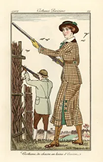 Woman holding a shotgun in a tweed hunting outfit, 1912 Woman holding a shotgun in a tweed hunting outfit, 1912