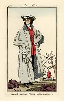 Woman in hunting outfit and mouse-grey carrick coat