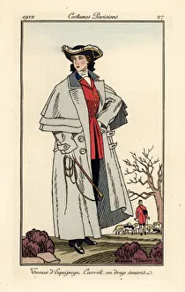 Woman in hunting outfit and mouse-grey carrick coat Woman in hunting outfit and mouse-grey carrick coat