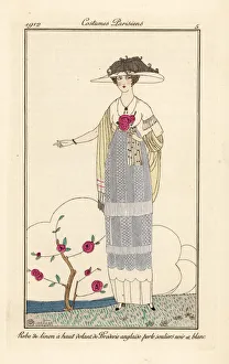 Woman in linen dress with pearl English lace Woman in linen dress with pearl English lace