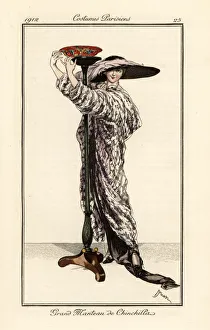 Woman in long coat of chincilla fur with lampstand Woman in long coat of chincilla fur with lampstand
