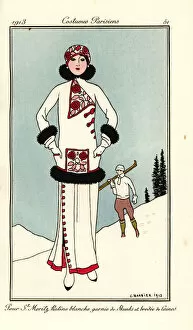 Woman in outfit for St. Moritz in embroidered white frieze