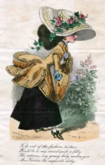Woman in an oversized hat on a comic greetings card Woman in an oversized hat on a comic greetings card
