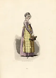 Woman in pansy dress with straw-coloured apron Woman in pansy dress with straw-coloured apron