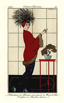 Broders Gallery: Woman in pink damask cape trimmed with blue fox
