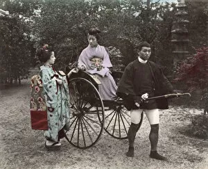 Orient Gallery: Woman being pulled in rickshaw, jinrikisha, Japan