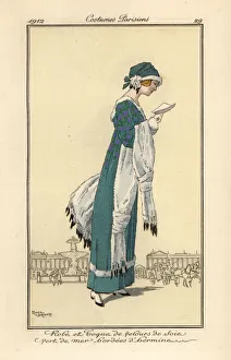 Woman reading a letter wearing a velvet dress and toque Woman reading a letter wearing a velvet dress and toque