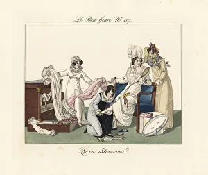 Woman in a shop choosing a new dress, early 19th century Woman in a shop choosing a new dress, early 19th century