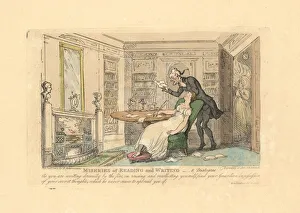 Woman sleeping at a desk while a man reads her secret Woman sleeping at a desk while a man reads her secret
