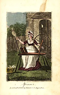 Woman spinner in bonnet and apron spinning Woman spinner in bonnet and apron spinning