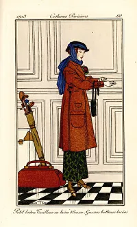 Woman in tweed coat, check skirt and high laced Woman in tweed coat, check skirt and high laced