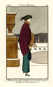 Woman in violet velvet cape trimmed with fox fur, green suit Woman in violet velvet cape trimmed with fox fur, green suit