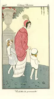 Ballets Collection: Woman in walking dress with children in a park