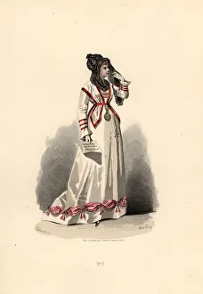Woman in white dress ornamented with pink bouffants Woman in white dress ornamented with pink bouffants
