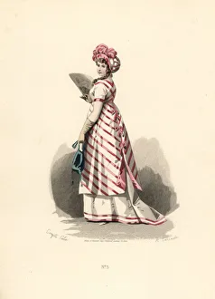Woman in white dress with pink trim, striped apron Woman in white dress with pink trim, striped apron