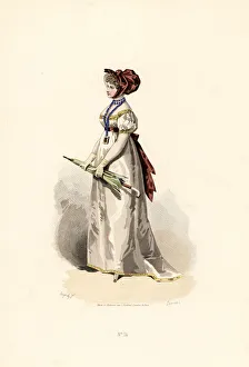 Woman in white dress with straw-coloured trim Woman in white dress with straw-coloured trim