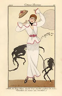 Woman in white wool dress with pink trim losing her hat Woman in white wool dress with pink trim losing her hat