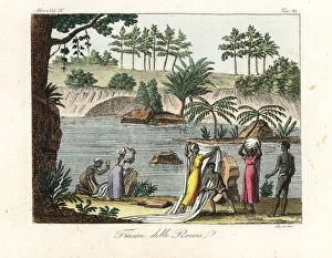 Women beating clothes and washing fabric Women beating clothes and washing fabric