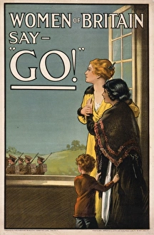 <b class=qtipBold><figcaption>Women of Britain say Go</figcaption></b><br>World War One recruitment poster - Women of Britain say Go! - in which two women and a small boy watch their husbands and fathers go off to fight.<br><em>© Mary Evans Picture Library/ONSLOW AUCTIONS LIMITED</em> Women of Britain say Go