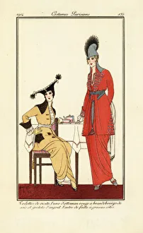 Women drinking tea in visiting outfits Women drinking tea in visiting outfits