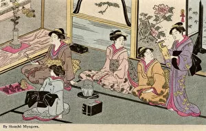 Pressing Gallery: Five women in an indoor domestic scene by Katsukawa Shuncho