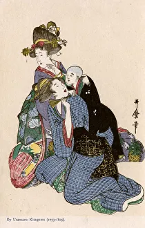 Two women, one with an infant - painting by Utamaro Kitagawa Two women, one with an infant - painting by Utamaro Kitagawa