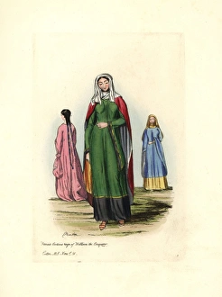 Women in long sleeved dresses, long mantles Women in long sleeved dresses, long mantles